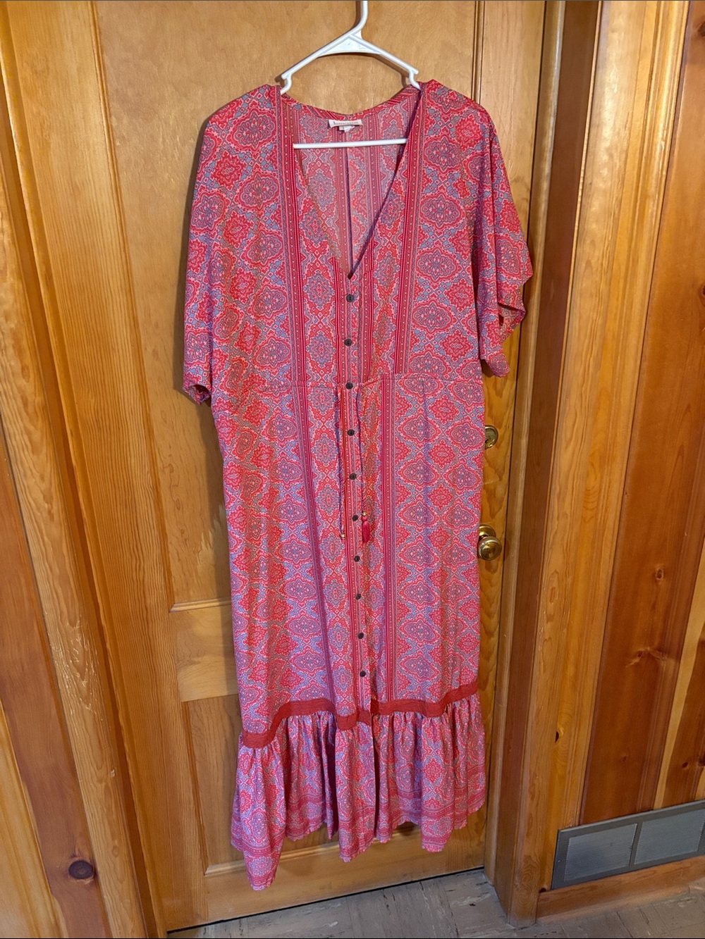 Printed Red Maxi Button-Front Dress with Ruffled Hem